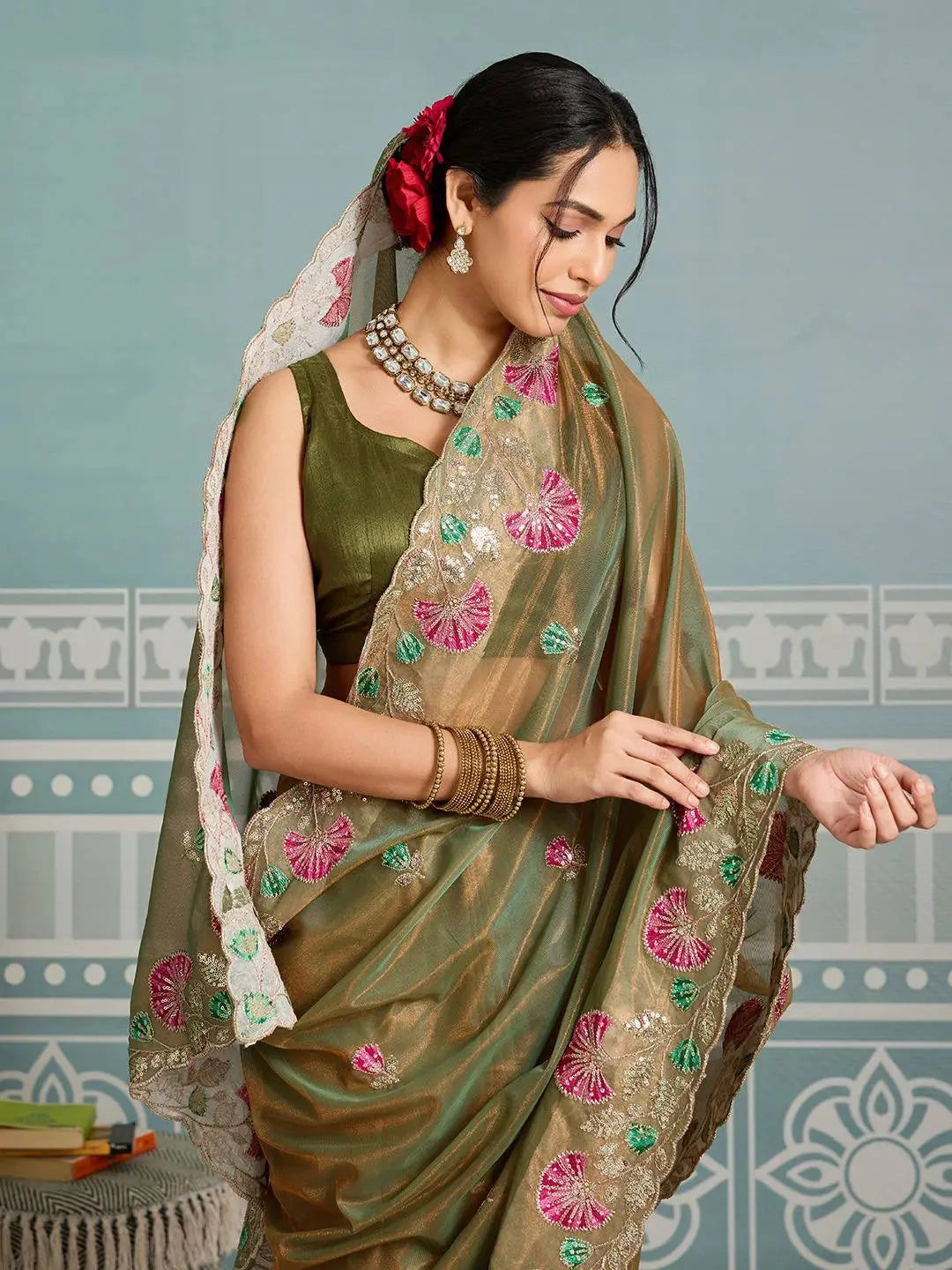 olive green embroidery work soft net saree